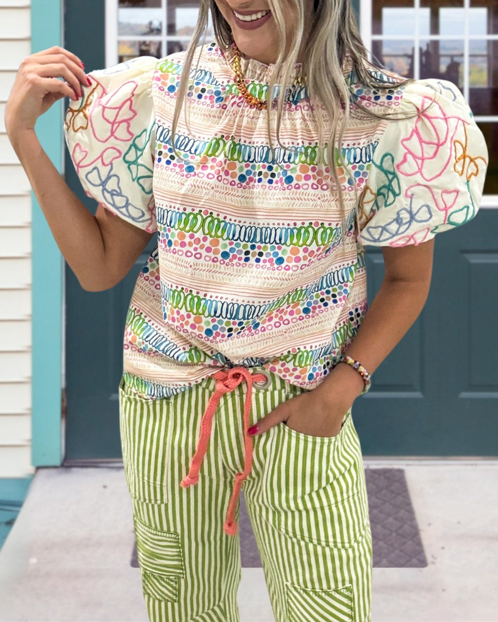 Colorful Graffiti-Print Satin Top