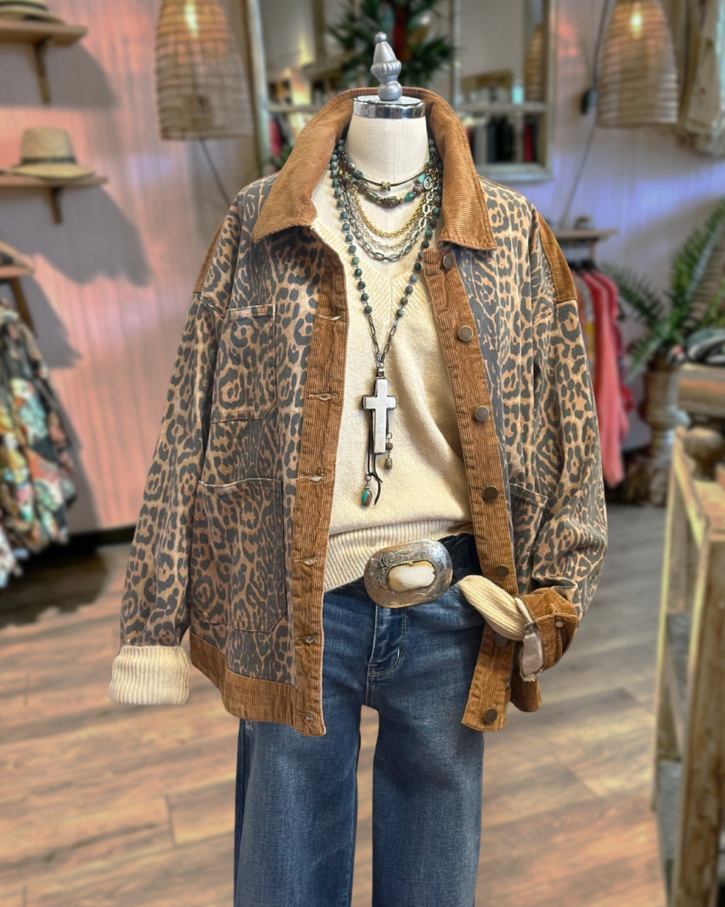 Corduroy Spliced Leopard Print Jacket