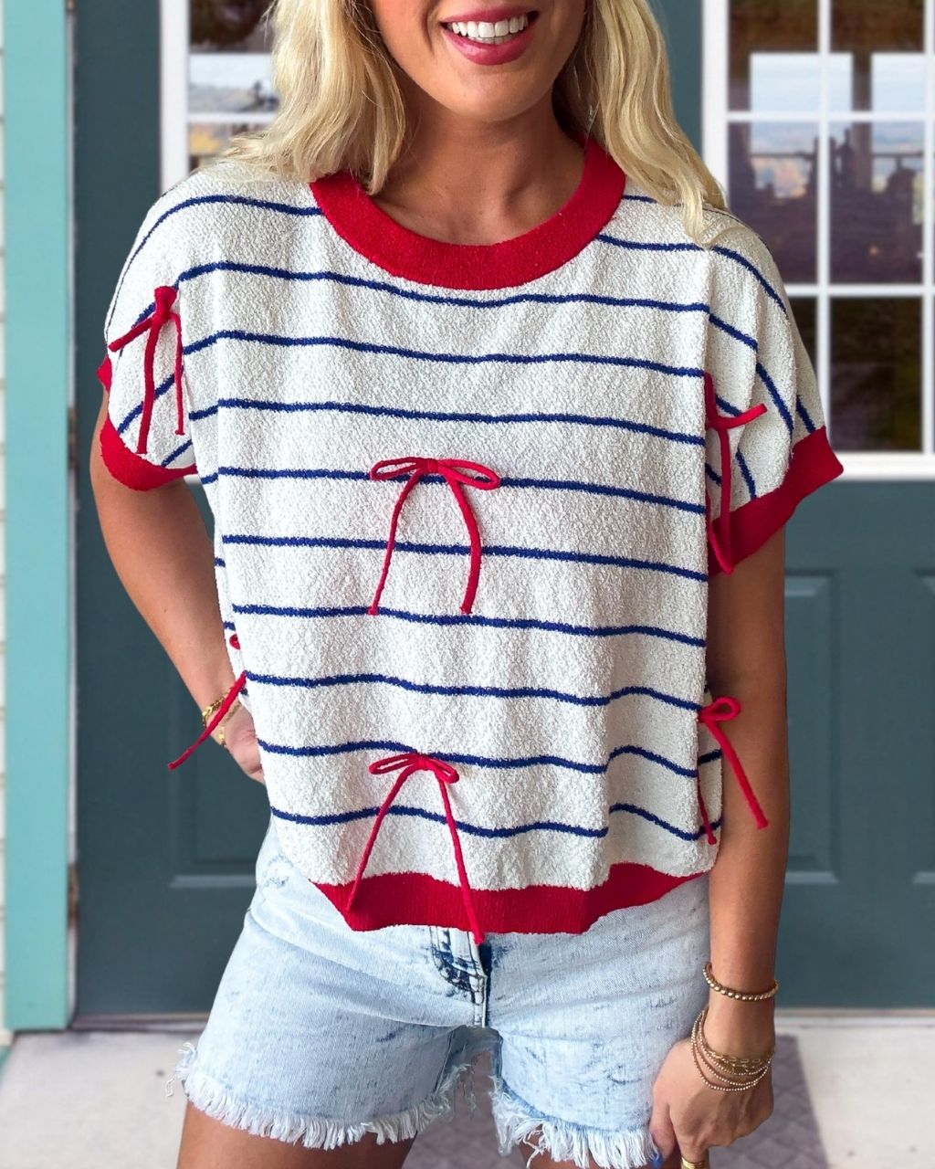 Bow Detail Striped Knit Top