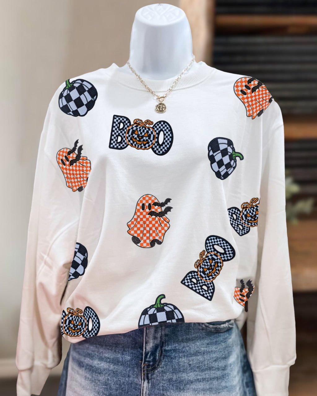 Checkered Pumpkin Ghost Embroidered Sweatshirt