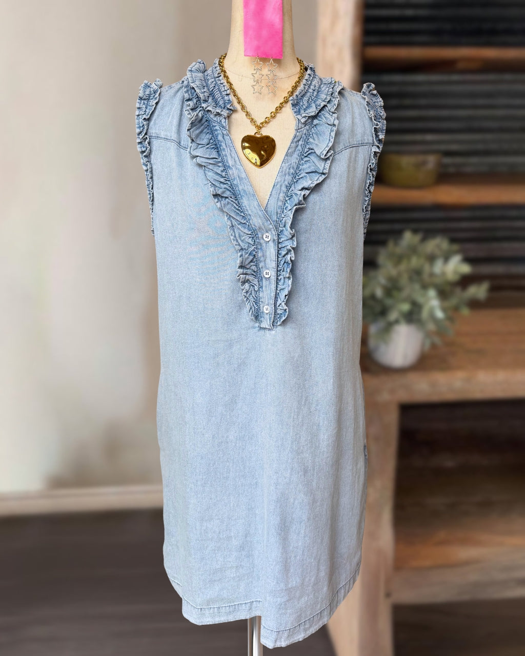 Ruffled Sleeveless Denim Dress