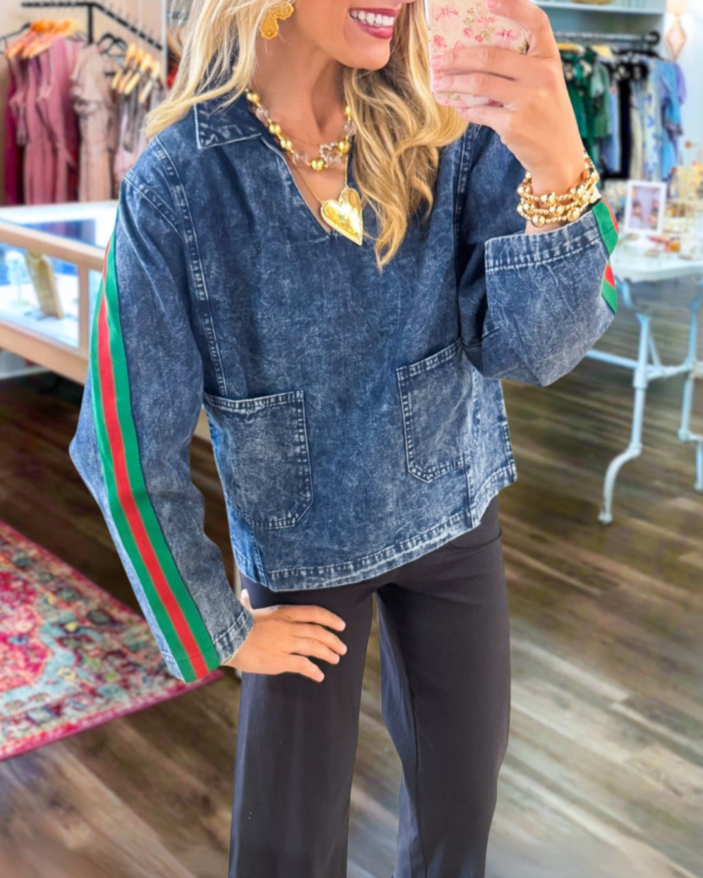 Colorblocked Striped Denim Top