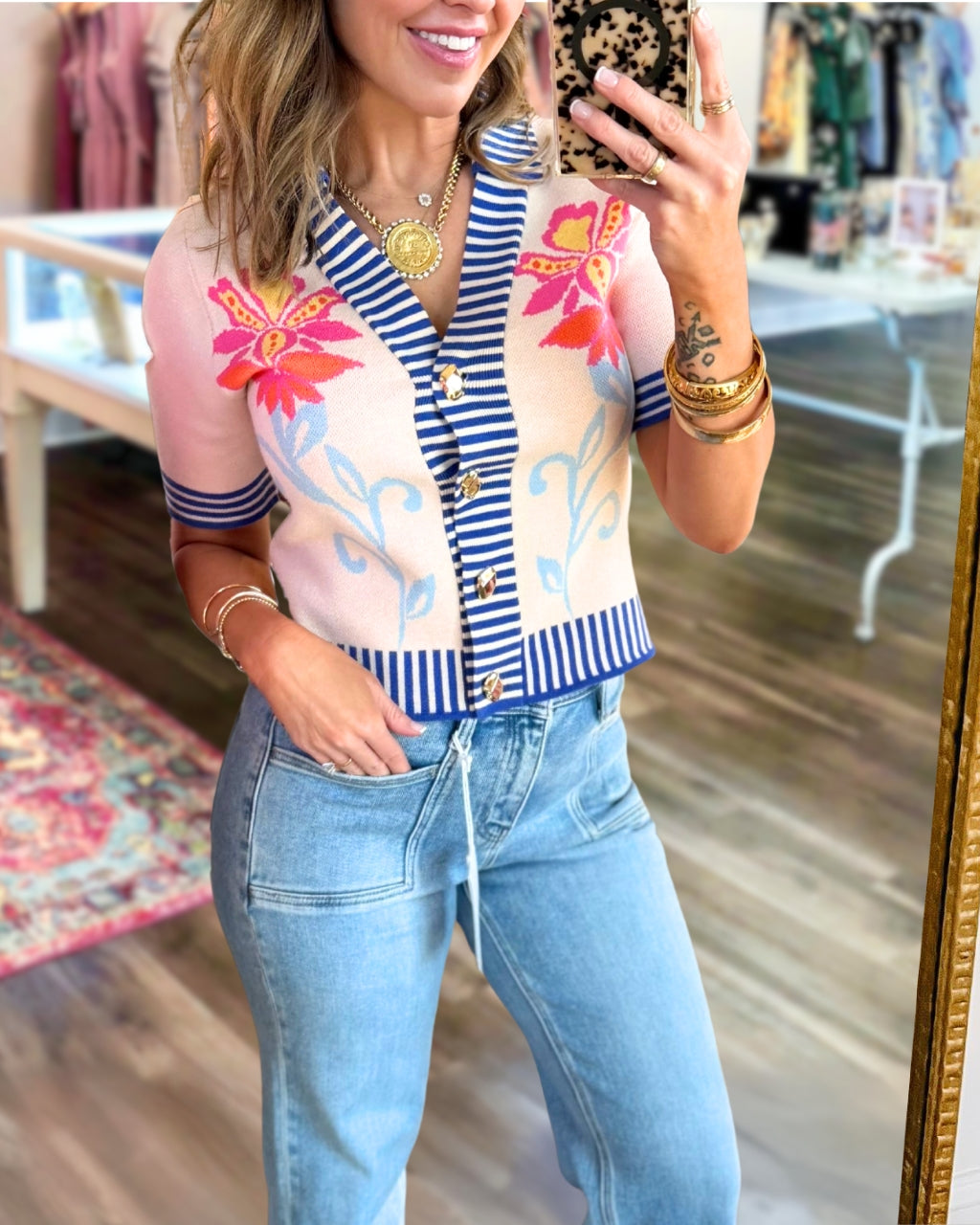 Floral Striped Trim Knitted Cardigan
