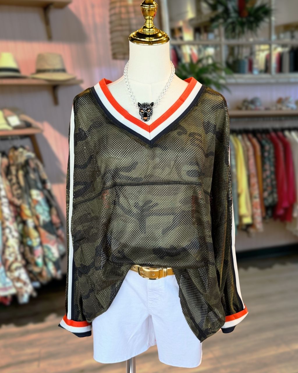 Camo Mesh Contrast Trim Pullover