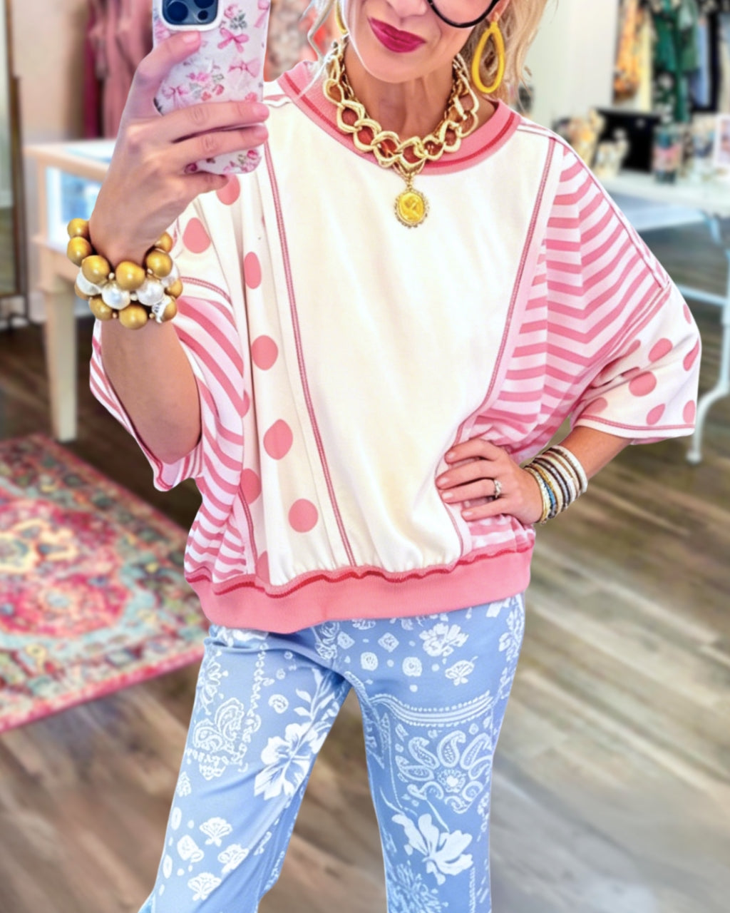 Polka Dot Striped Reverse Seam Top