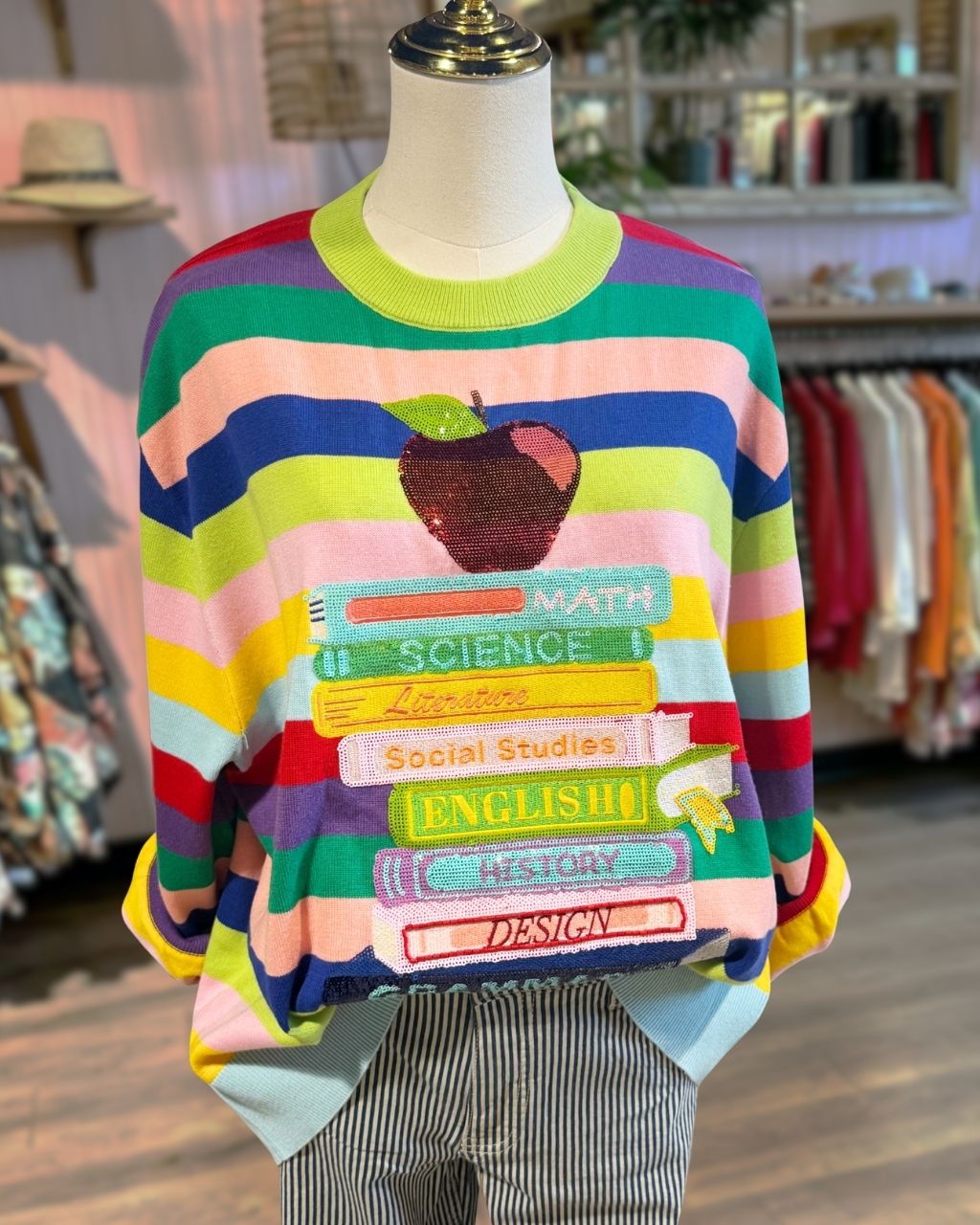 Rainbow Striped School Apple Sequin Sweatshirt