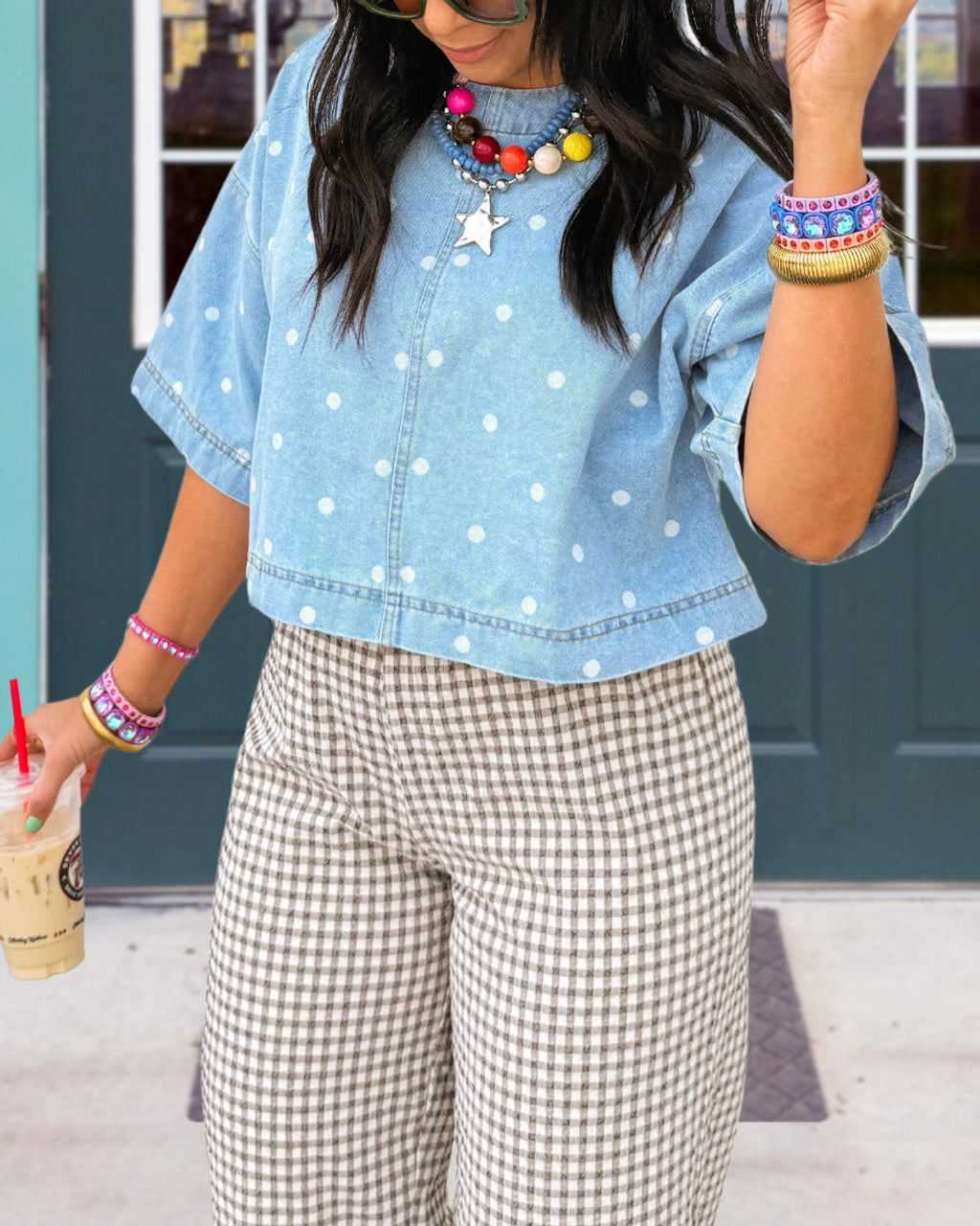 Polka-dot Cropped Denim Top