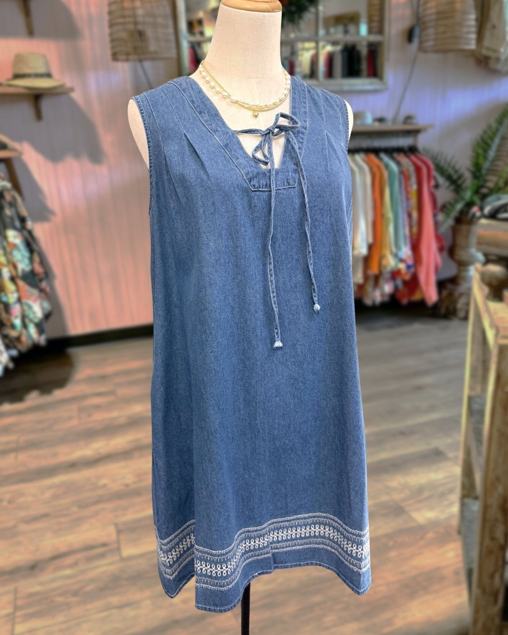 Embroidered Hem Sleeveless Denim Dress