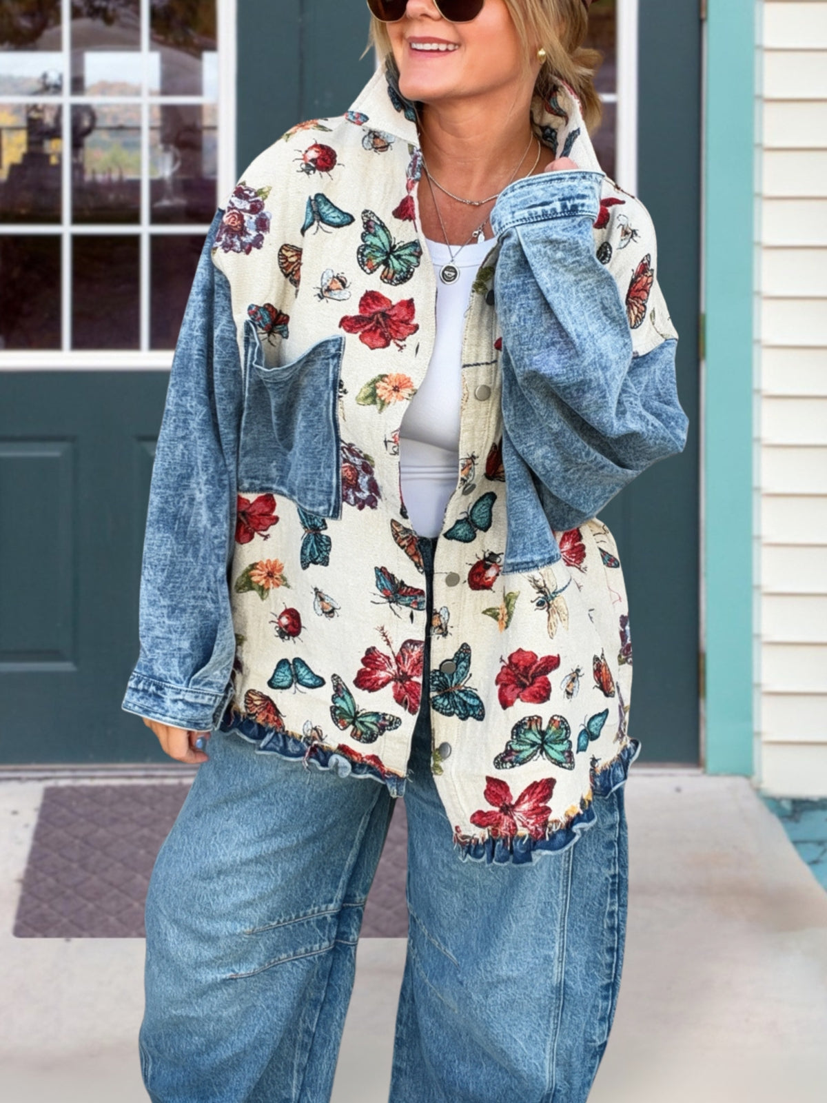 Colorful Butterfly Print Washed Distressed Jacket