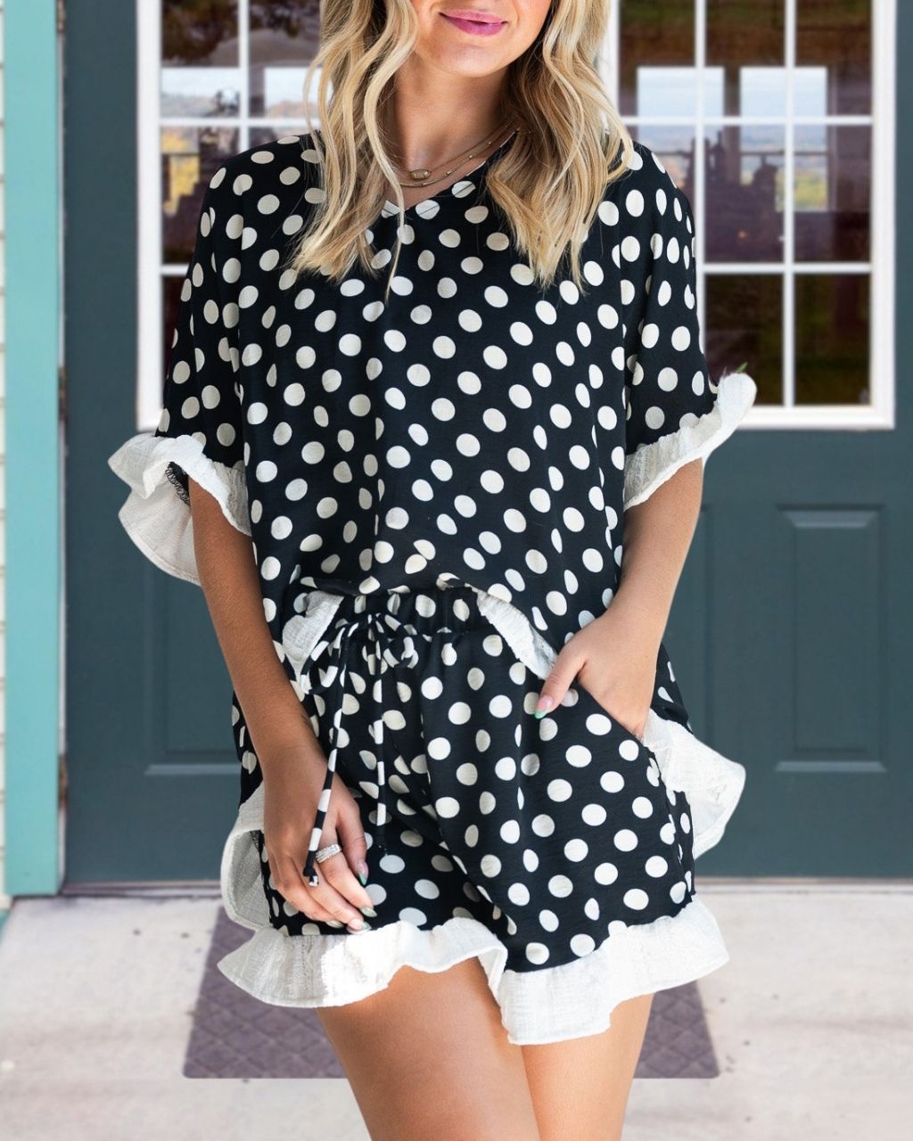 Polka Dot Ruffled Trim Shorts Set