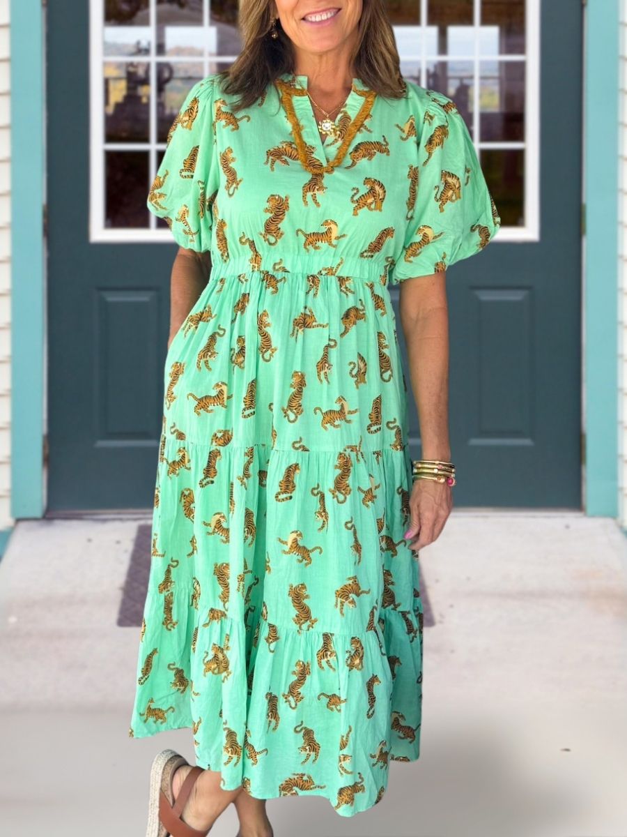 All-Over Tiger Print Puff Sleeve Dress