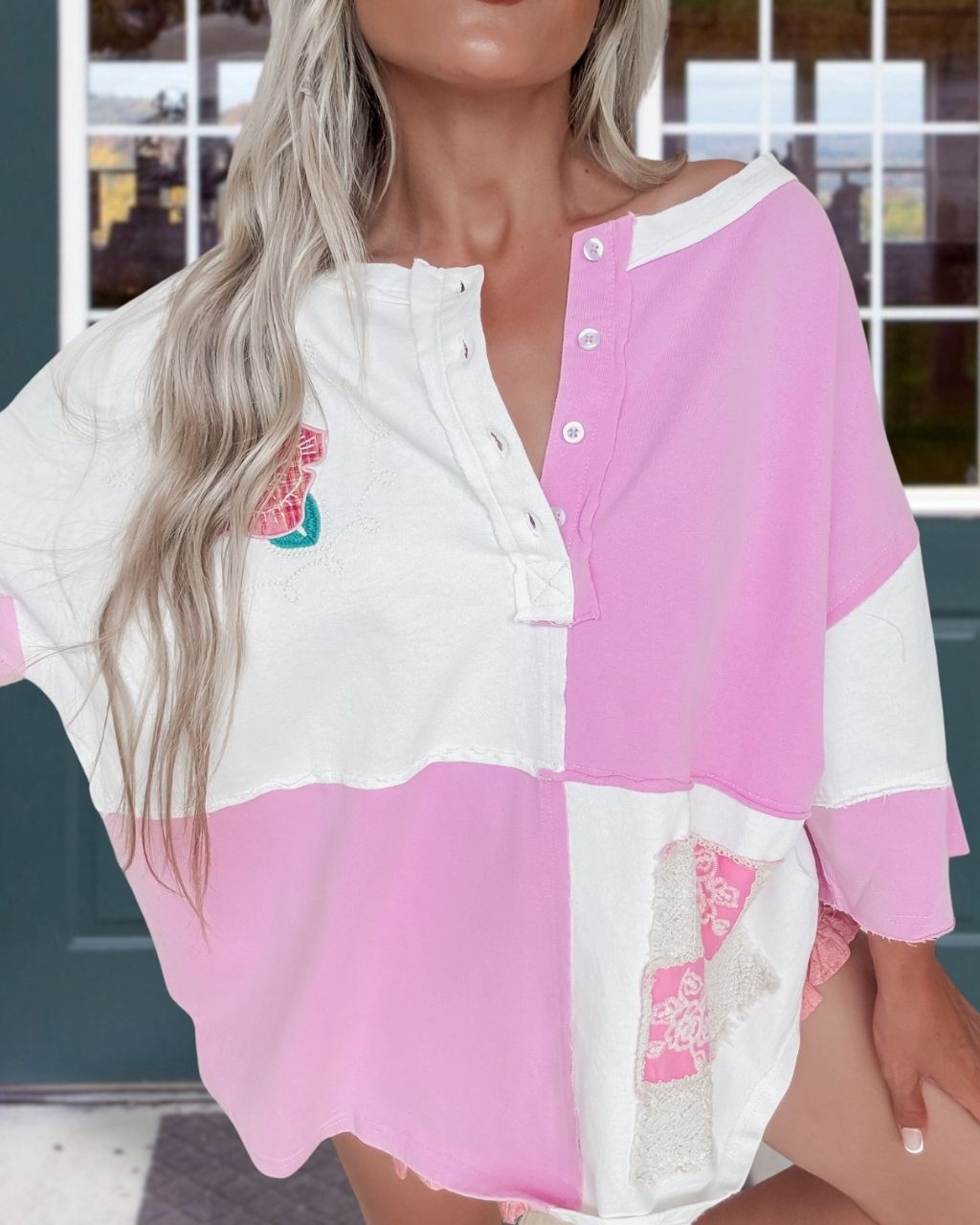 Floral Embroidered Color-blocked Washed Top