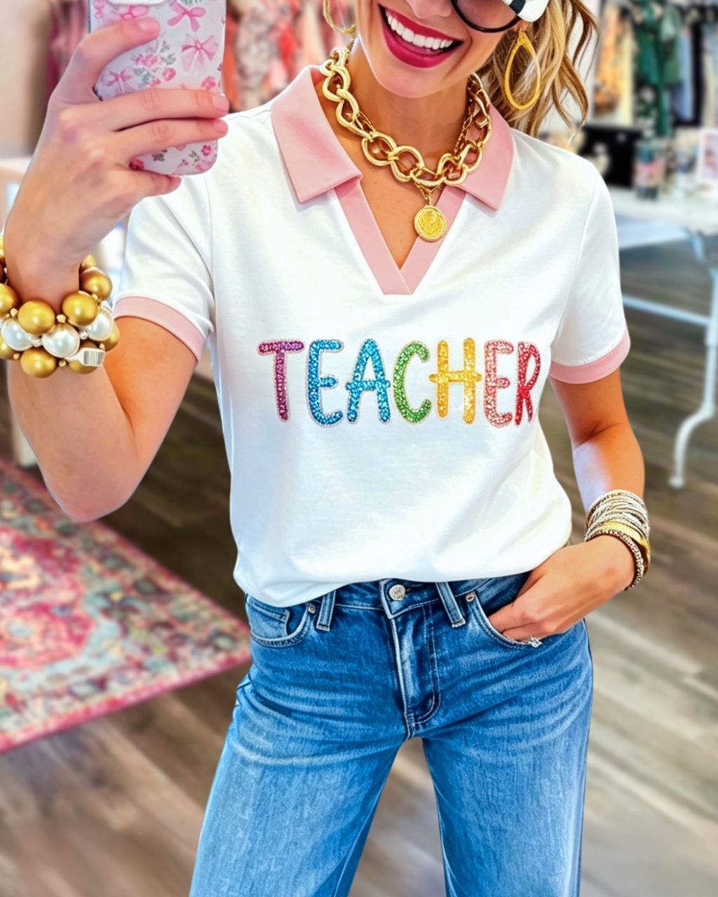 Teacher Sequined Collared Top