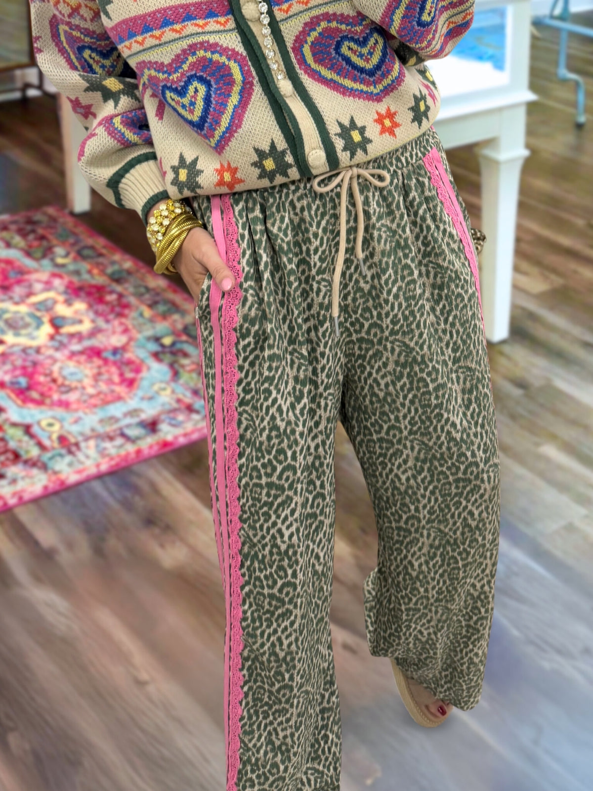 Lace Side Stripe Leopard Print Pants