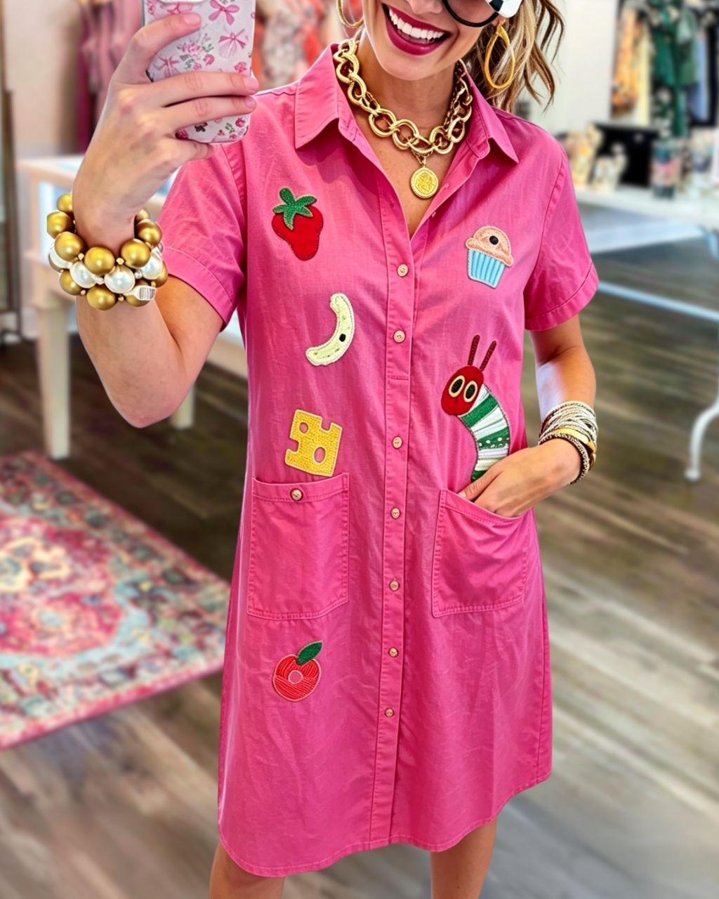 Caterpillar Embroidered Teach Shirt Dress