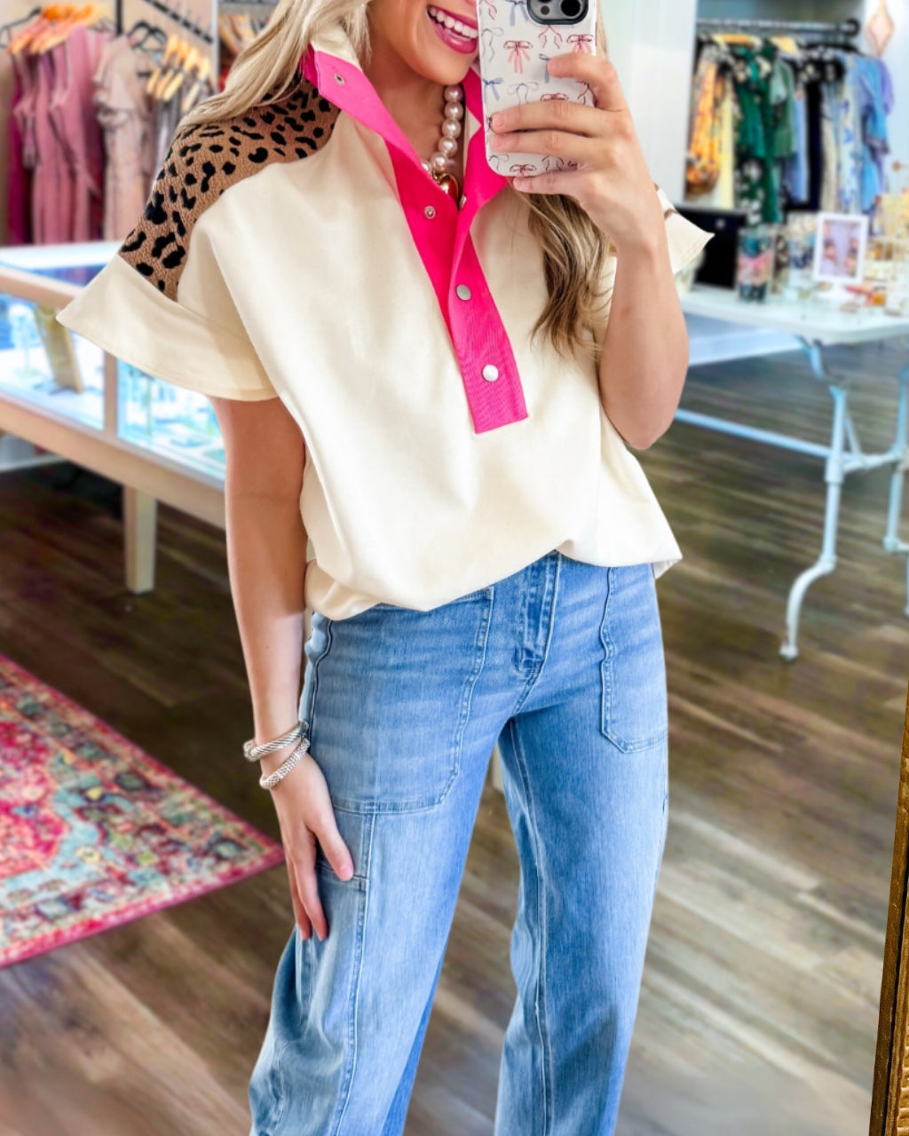 Patchwork Leopard Print Polo Top