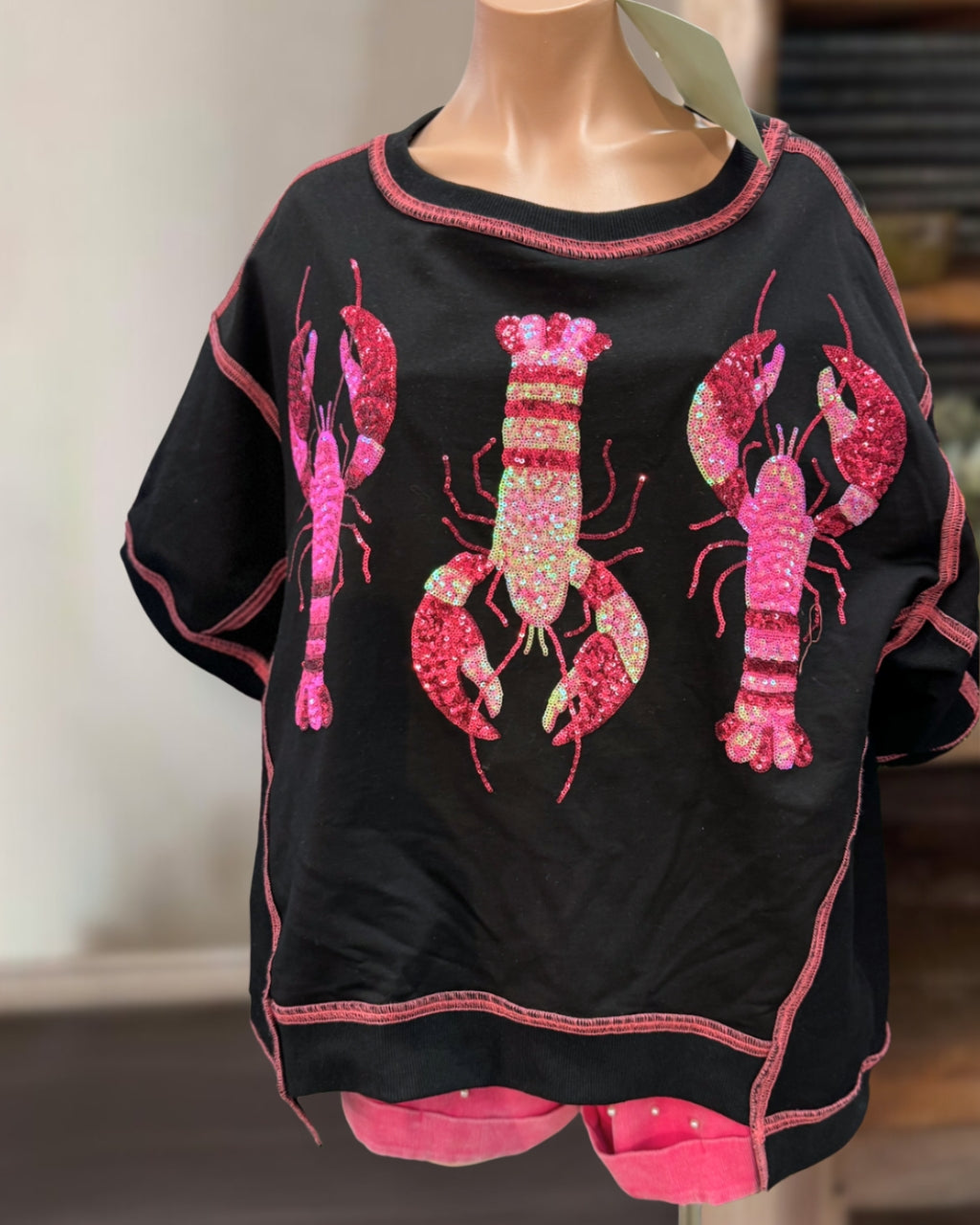 Lobster Sequined Contrast Stitching Top
