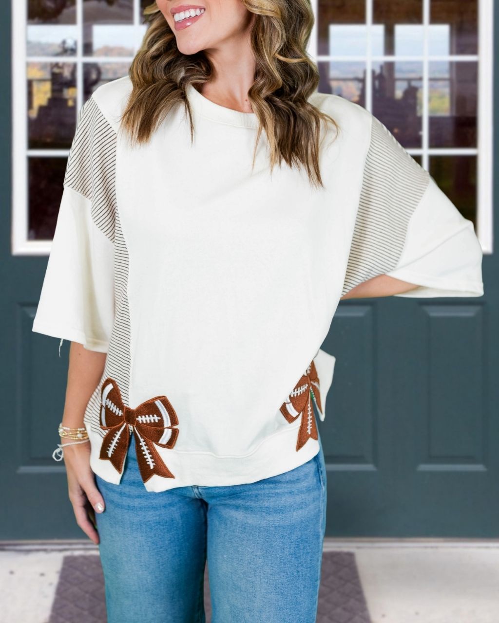 Football-themed Bow Embroidered Top