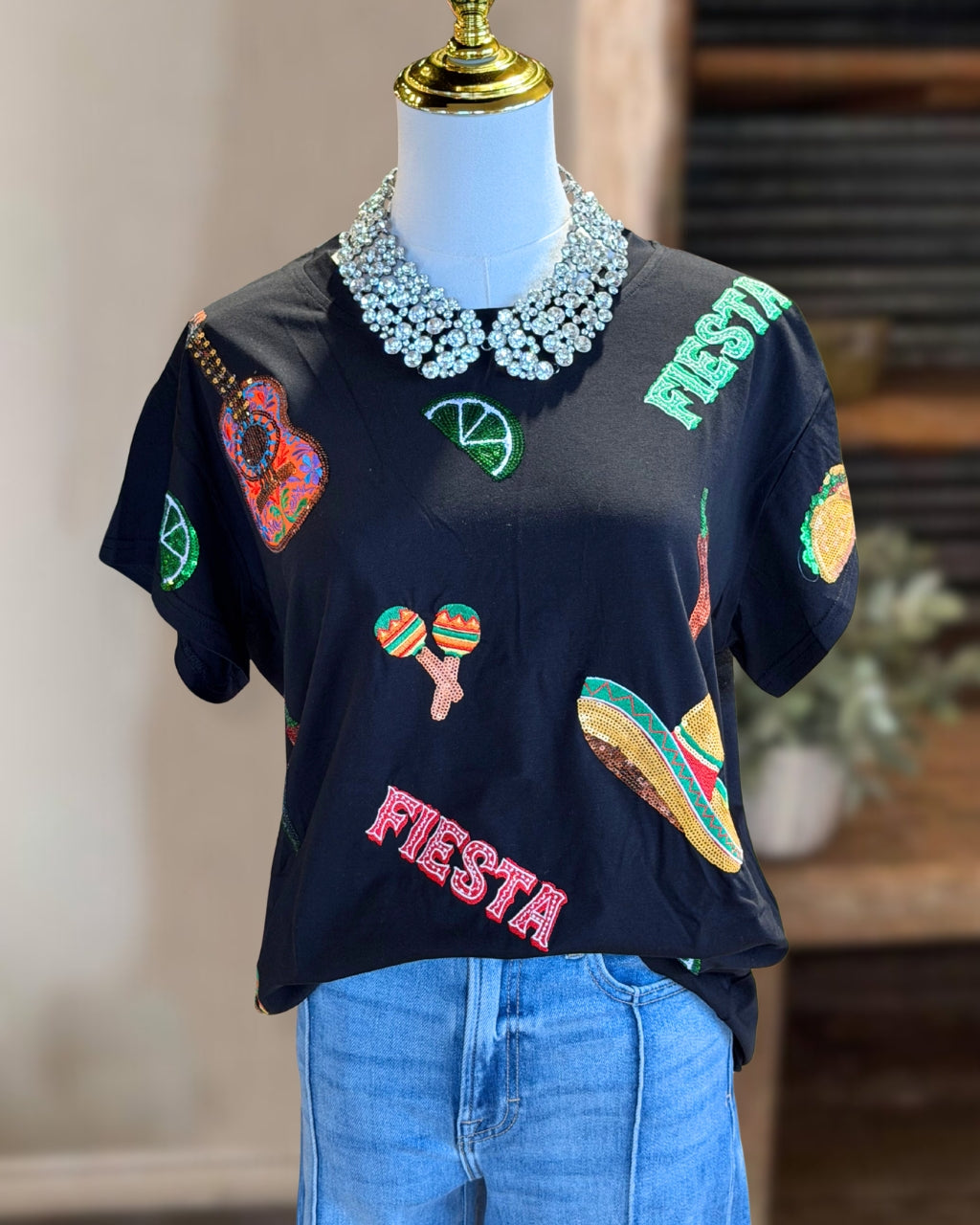 Mexican Festival Embroidered Sequin Tee