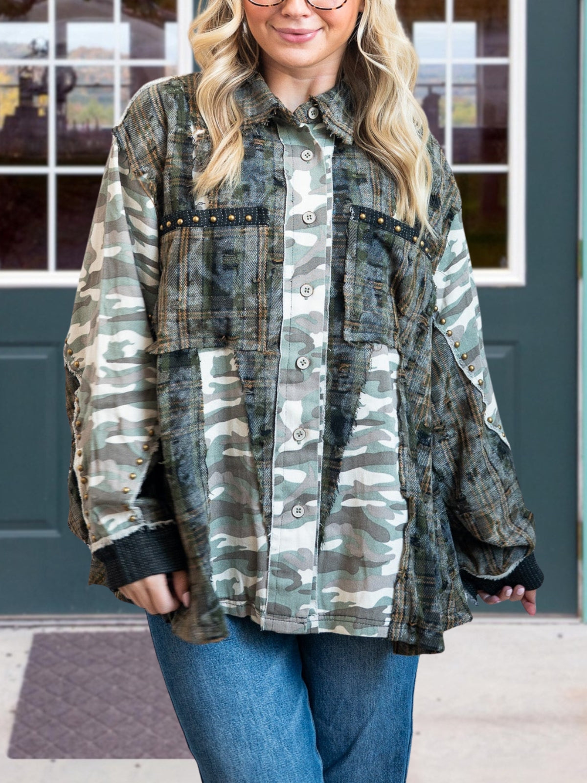 Camo Plaid Wool-Blend Patchwork Shirt