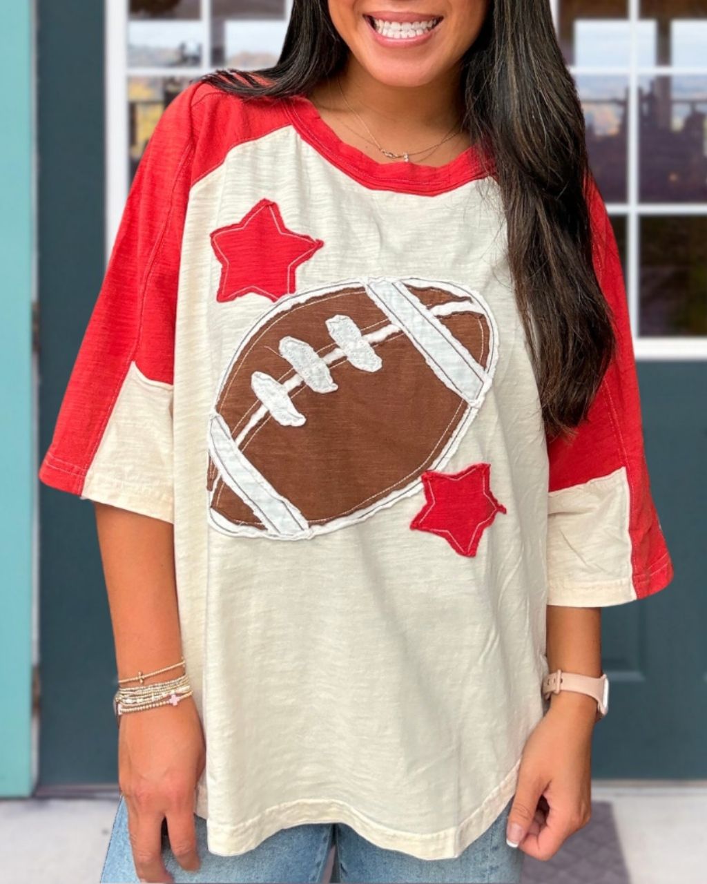 Color-blocked Raglan Football Patch Top
