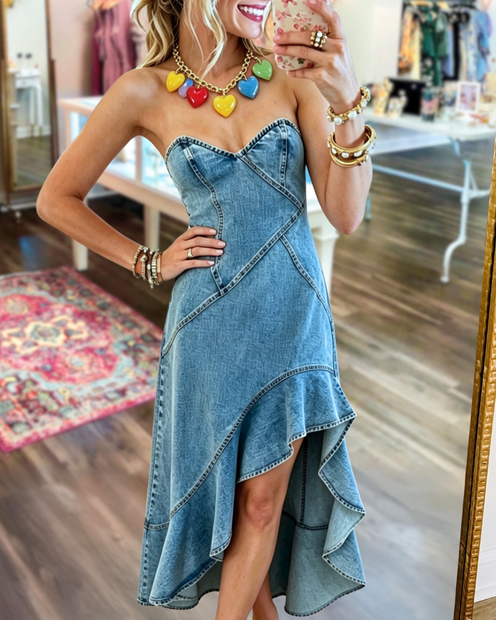 Ruffled Strapless Denim Dress