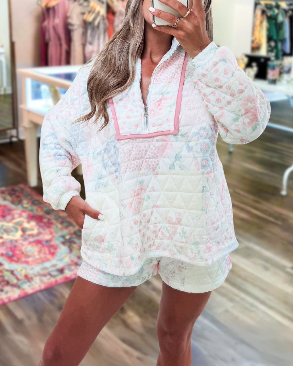 Floral Print Half-zip Quilted Set