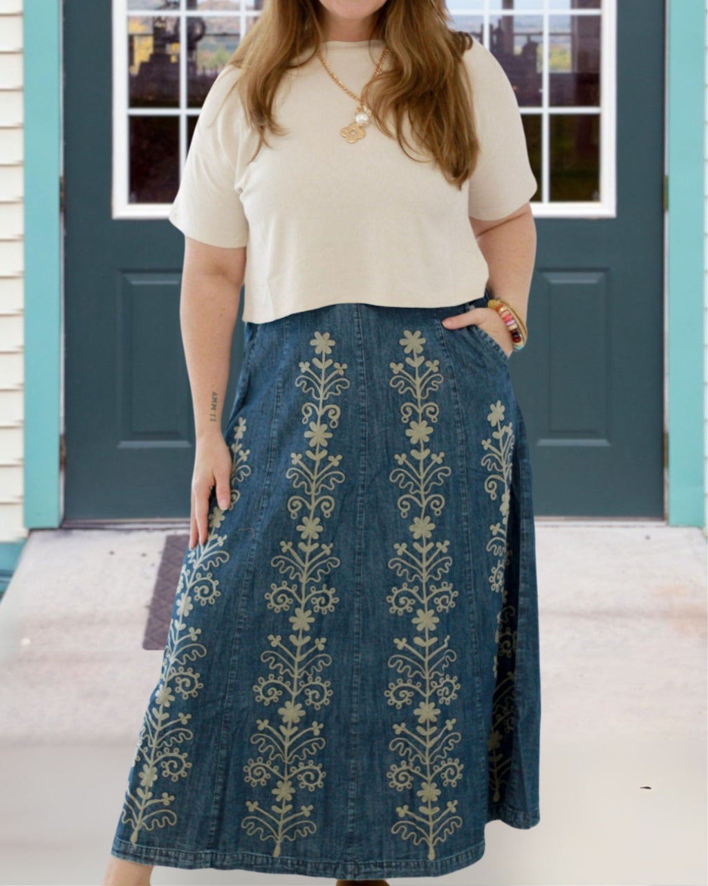 Floral Stitch Cowgirl Denim Skirt