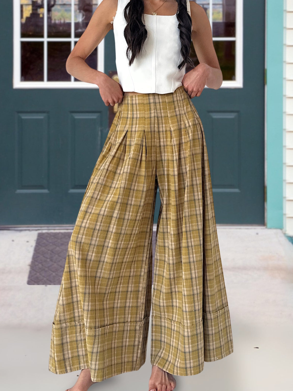 Stylish Pleated Plaid Wide-Leg Pants