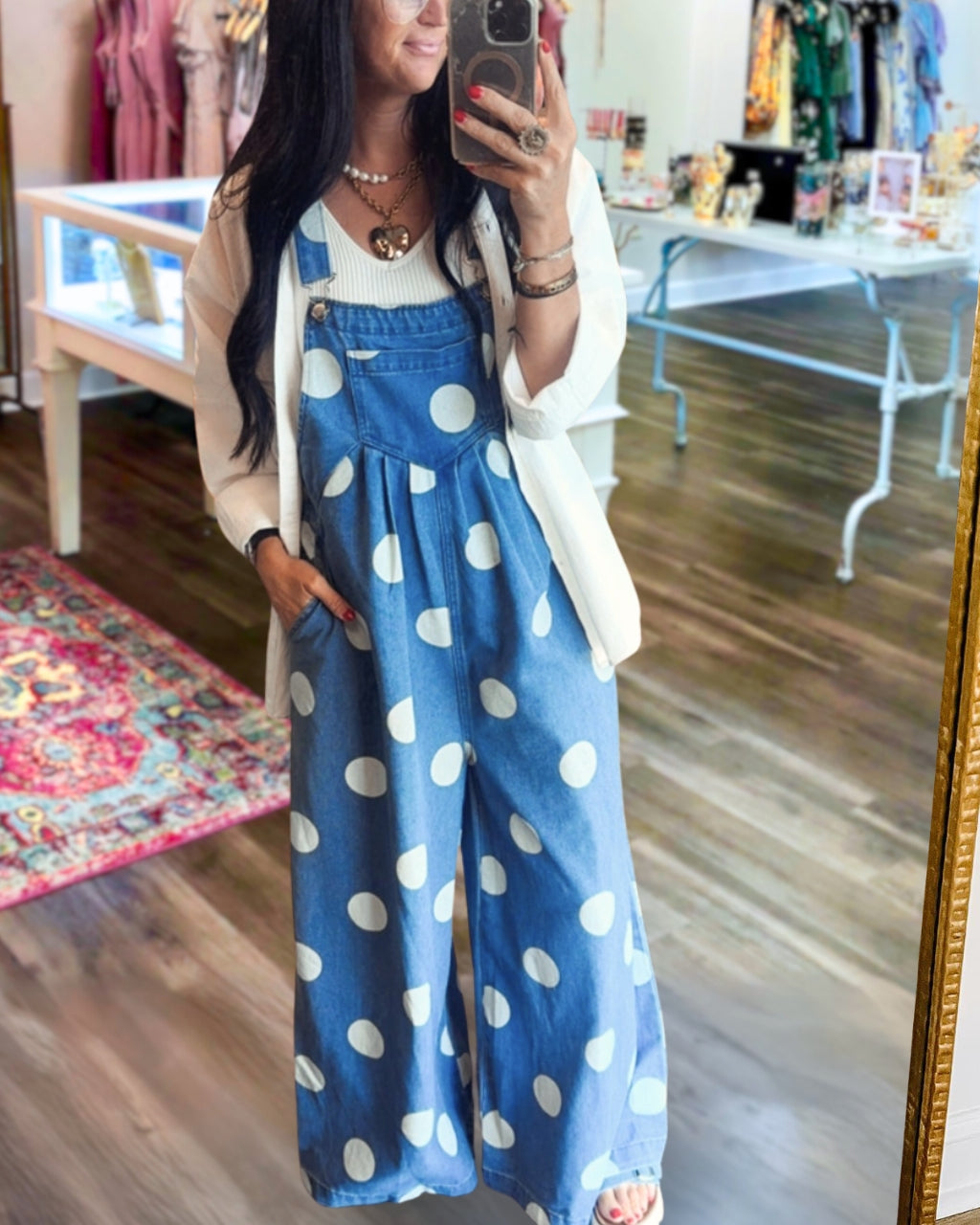 Polka Dot Print Denim Overalls