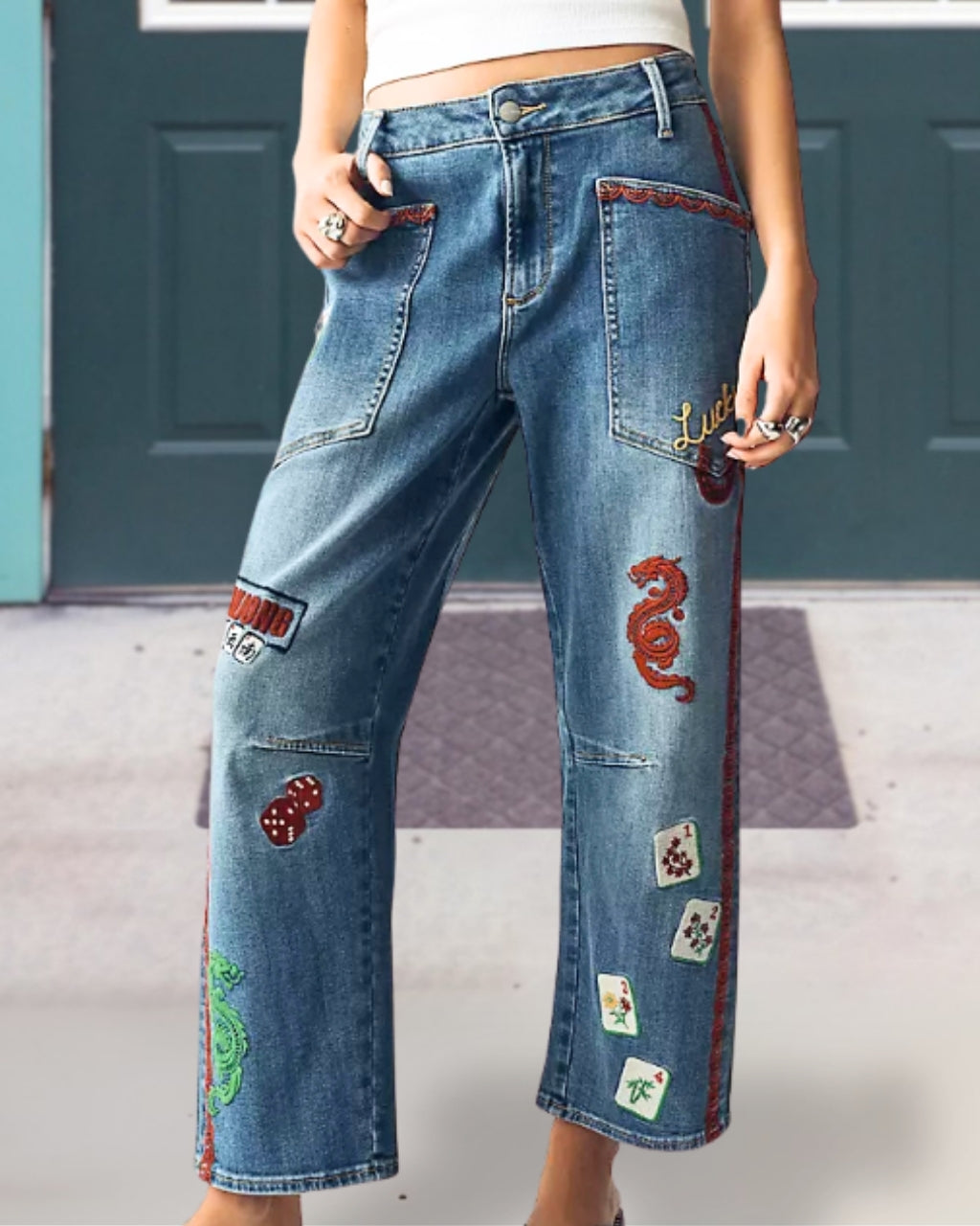 Fun Mahjong Embroidered Jeans