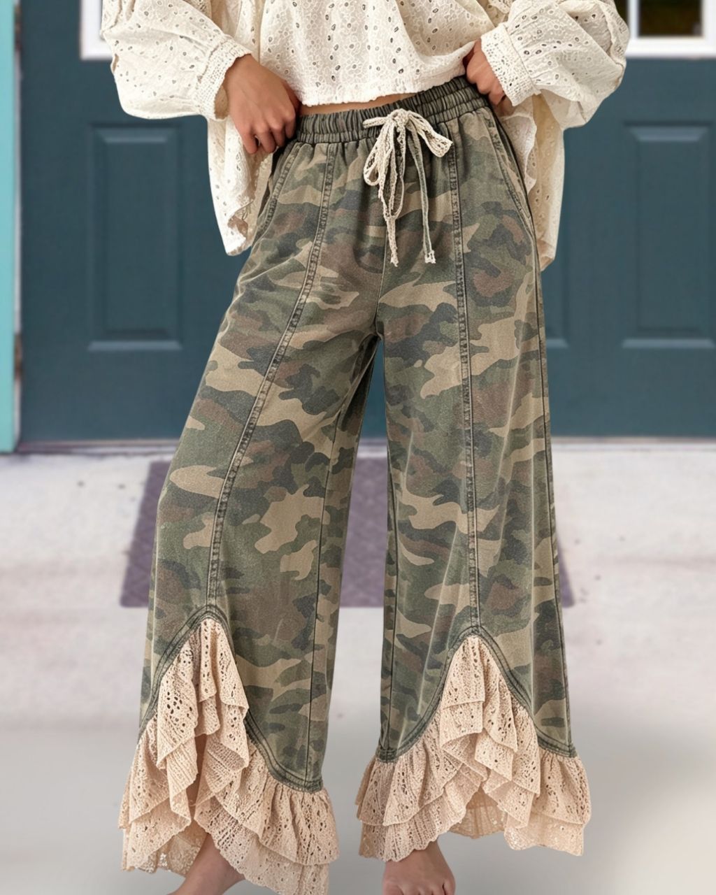 Camouflage Lace Panelled Ruffle Pants