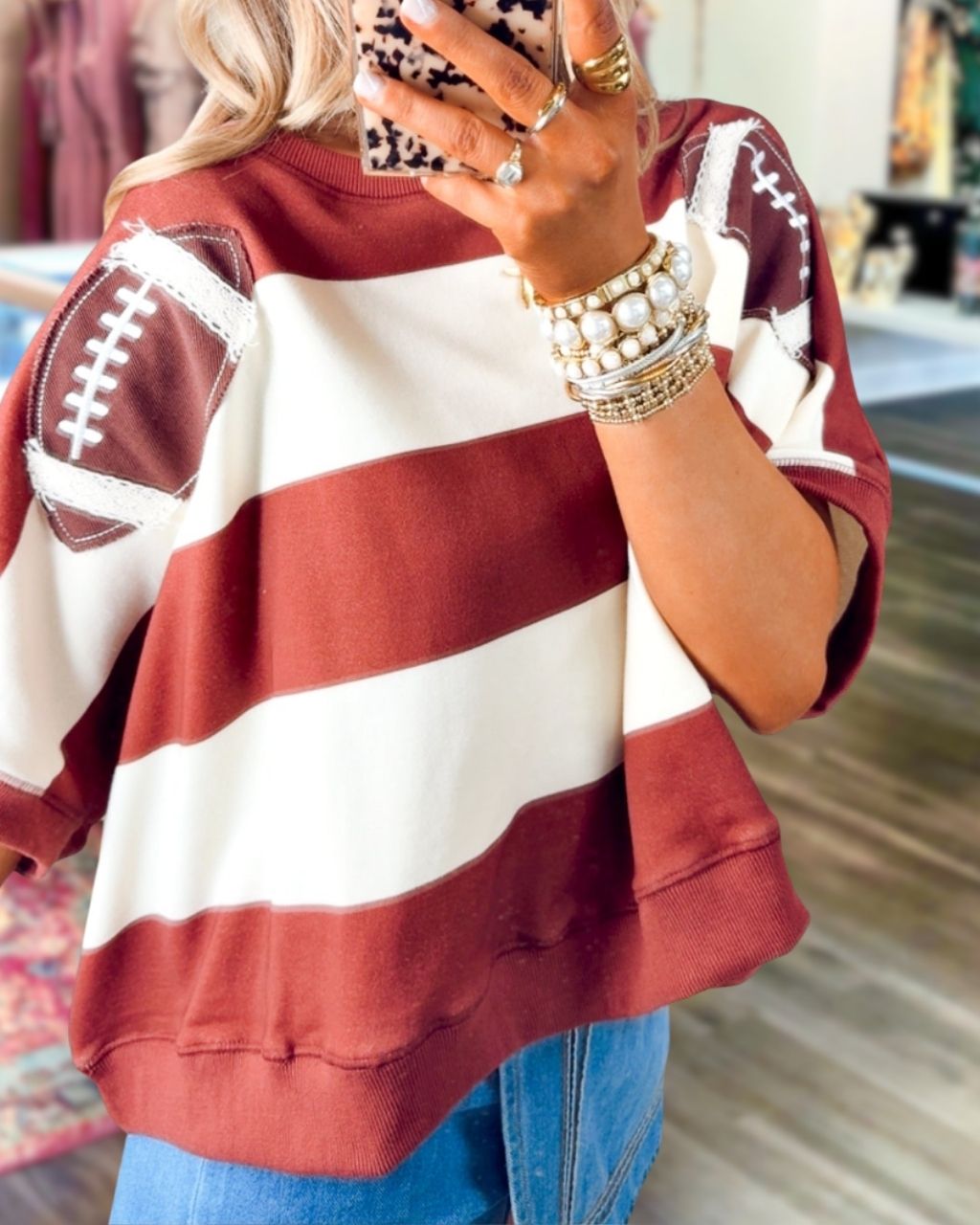 Football Embroidered Patch Color-blocked Top