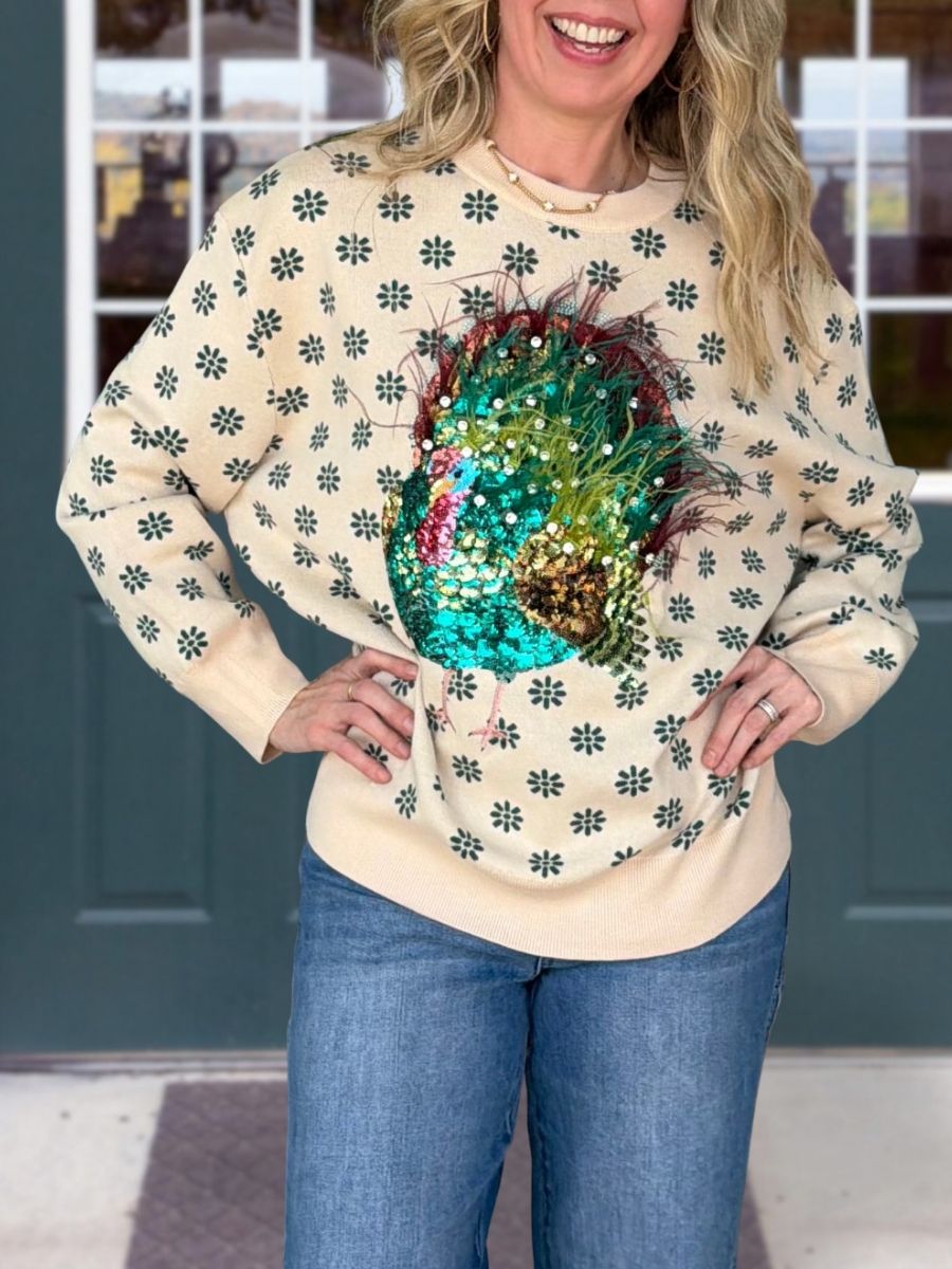 Floral Feather Turkey Sequin Pullover