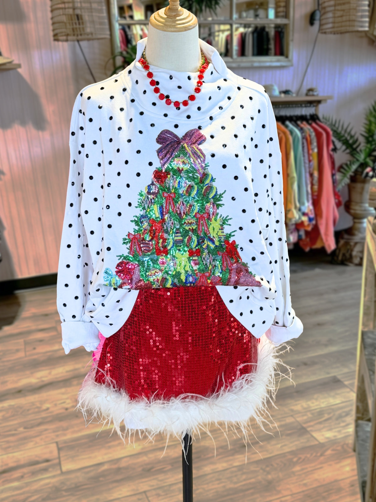 Sequin Christmas Tree Polka-Dot Pullover