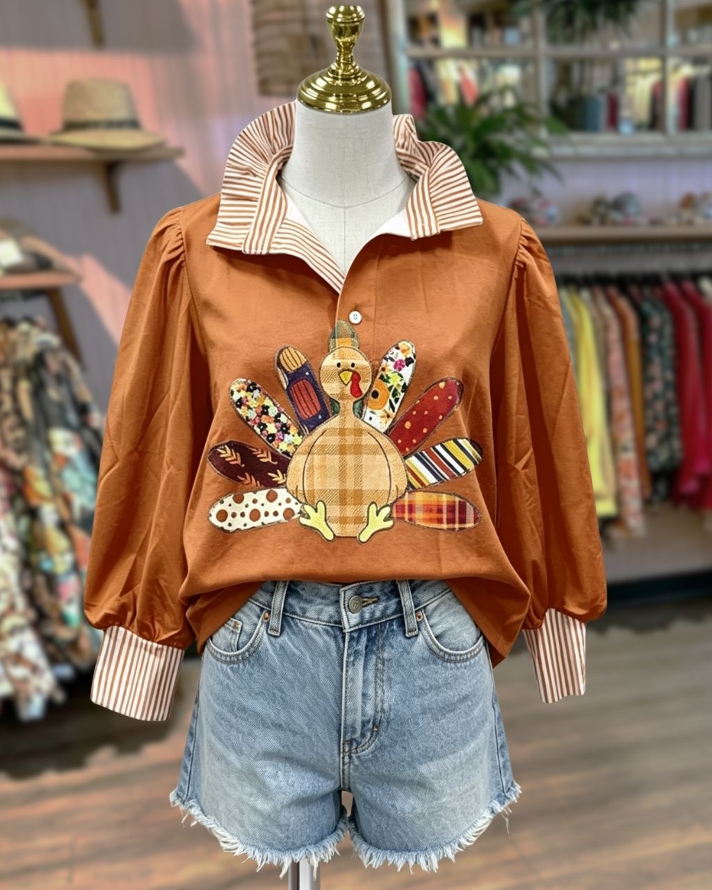 Playful Turkey-Embroidered Ruffle-Collar Top