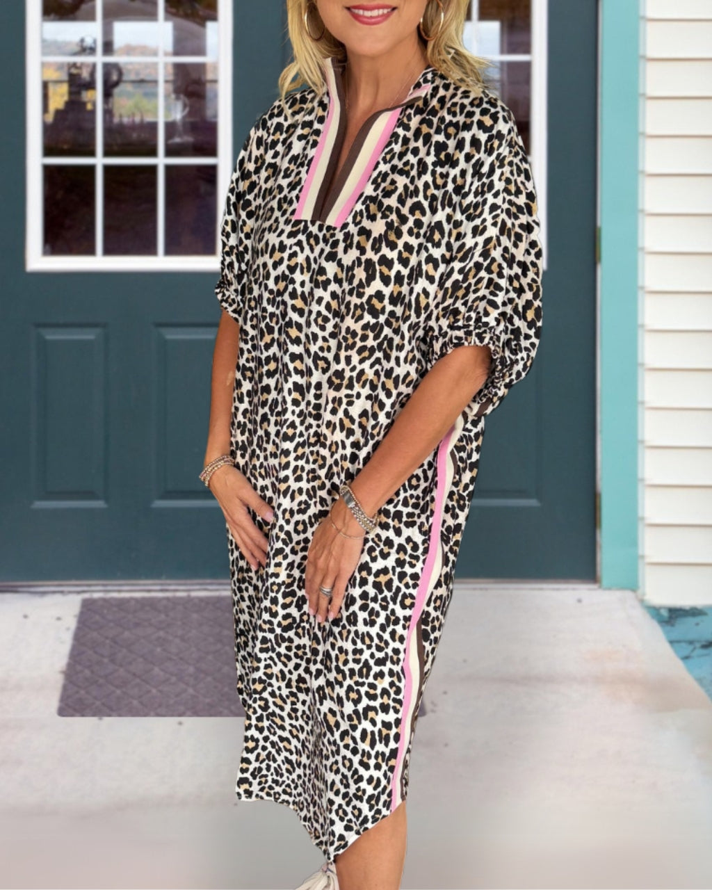 Pink Trim Leopard Midi Dress