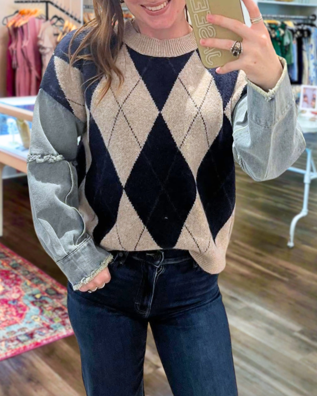 Chic Denim Patch Argyle Pullover