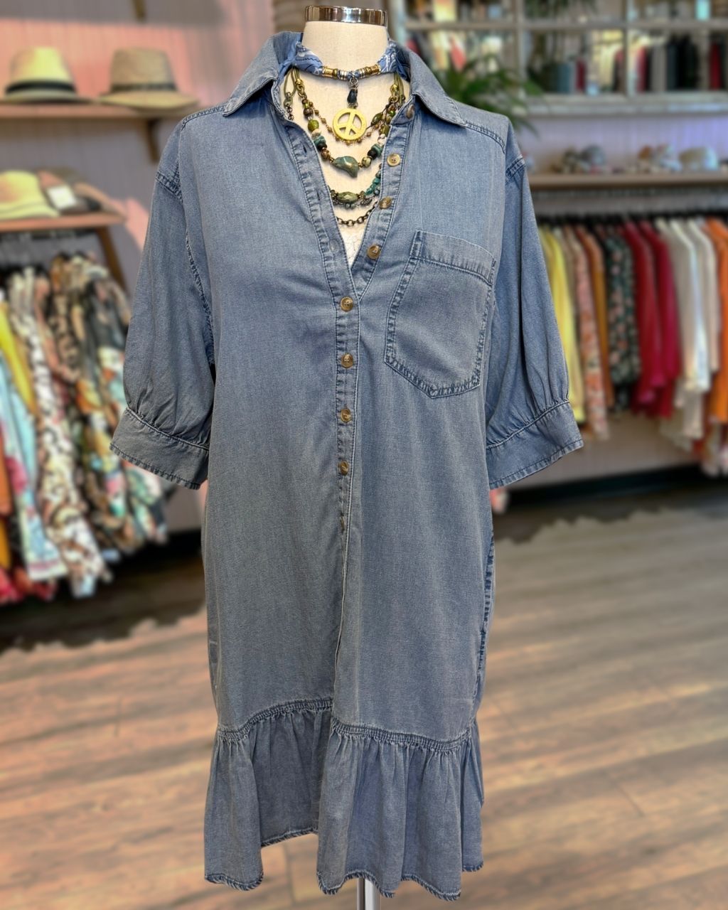 Ruffle-hem Denim Shirt Dress