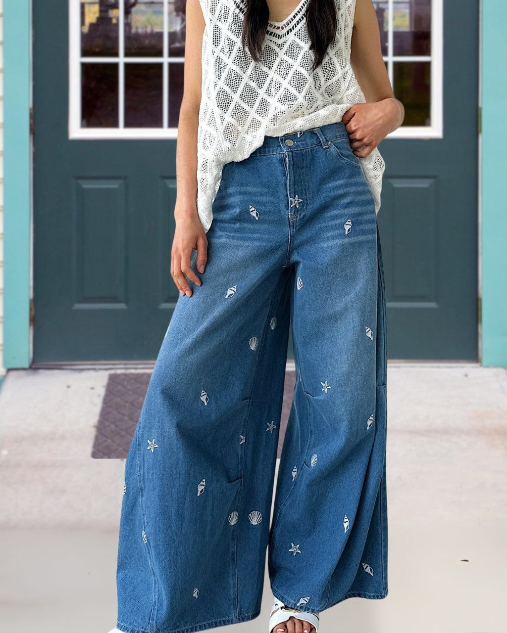 Coastal Embroidered Wide-Leg Denim Pants
