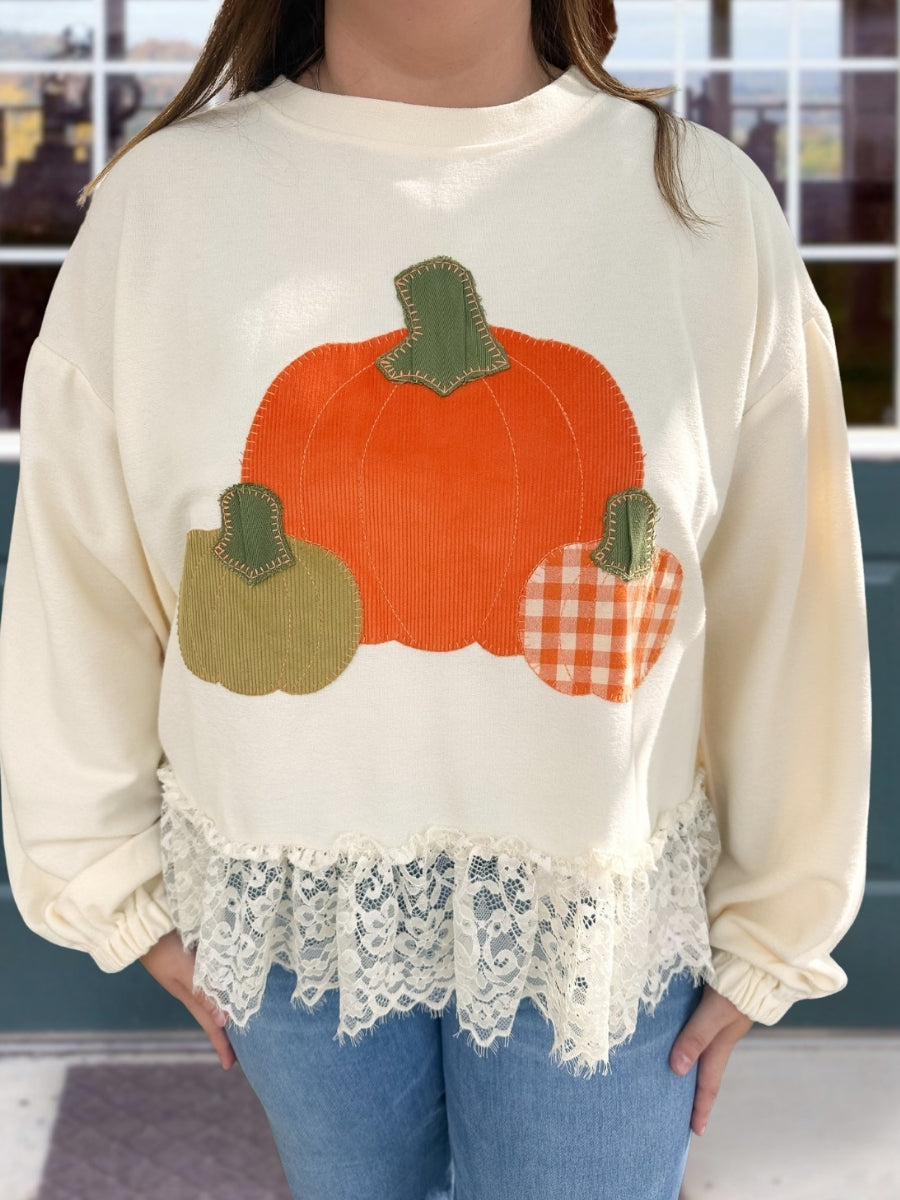 Pumpkin Embroidery Patch Lace Pullover