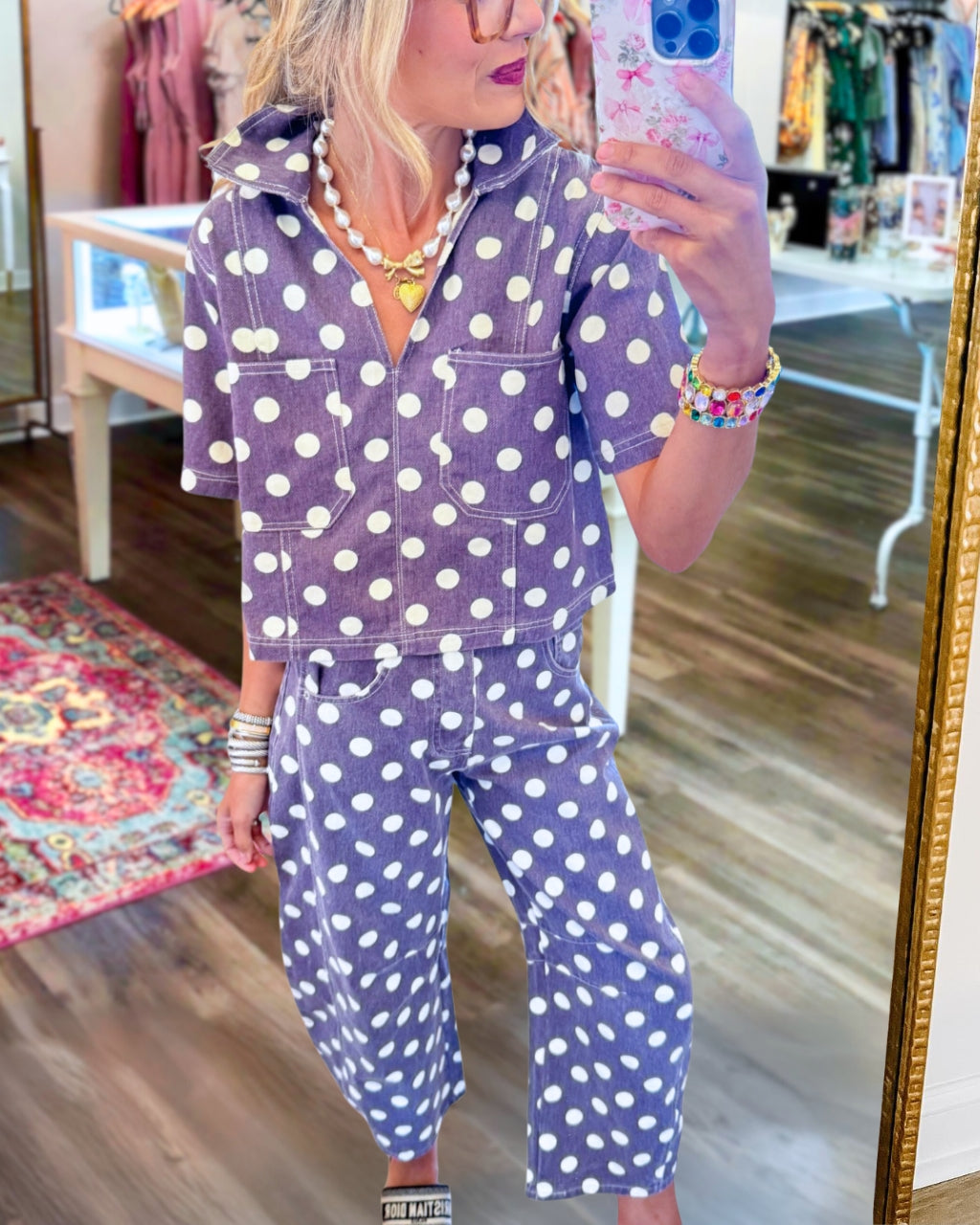 Polka Dot Washed Denim Pants