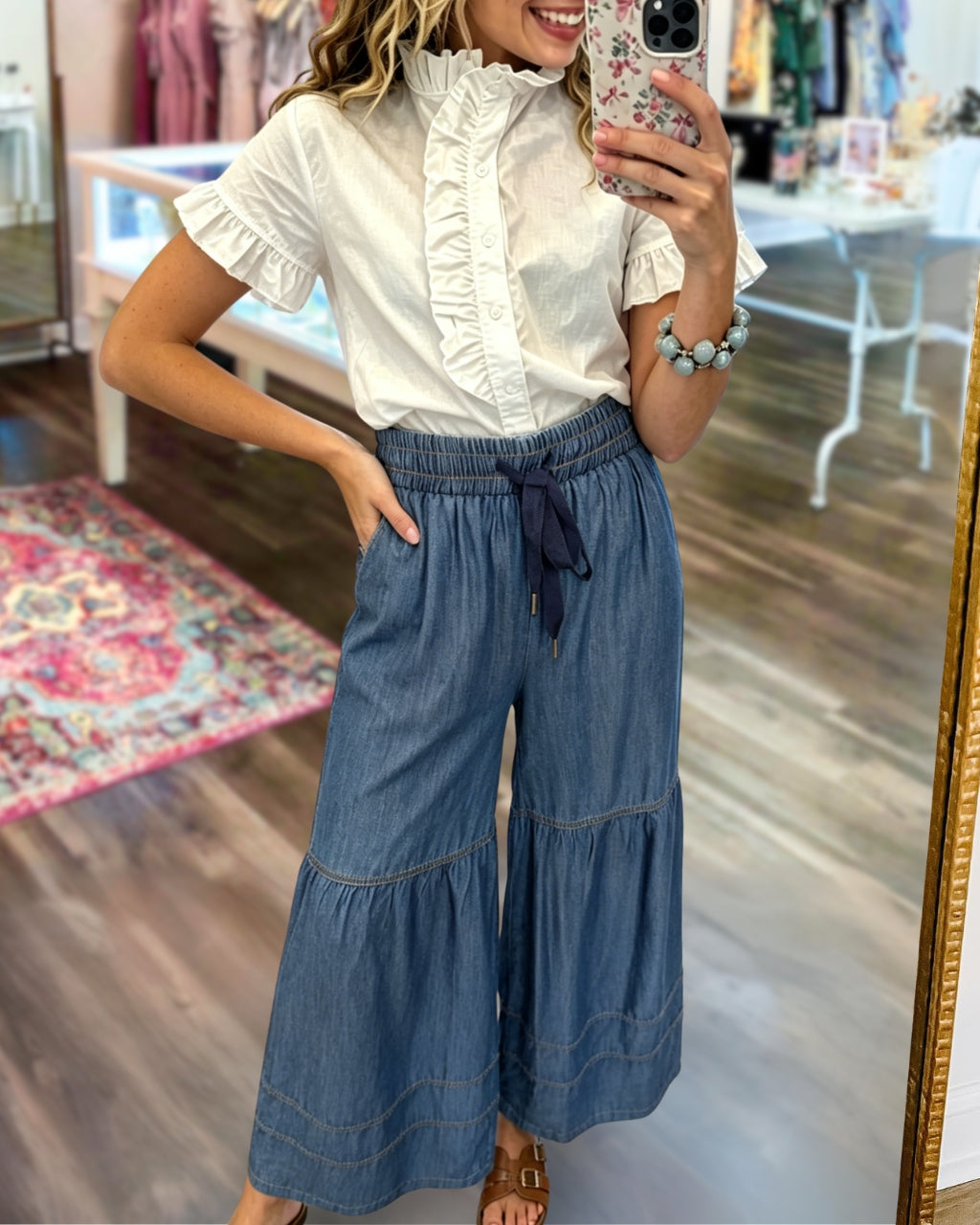 Drawstring Wide-Leg Denim Pants