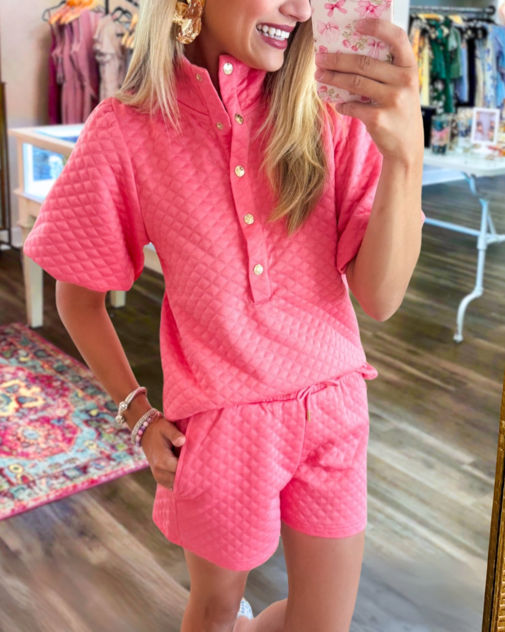 Half-button Quilted Shorts Set