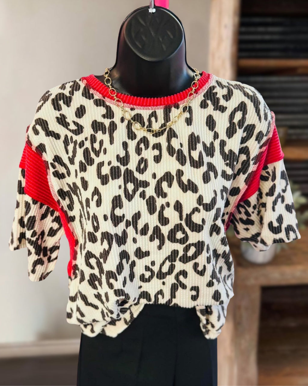 Leopard Print Contrast Ribbed Top