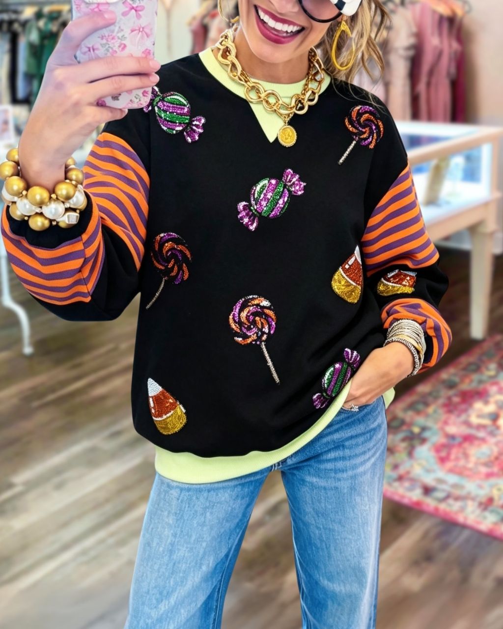 Halloween Candy Sequin Striped Pullover