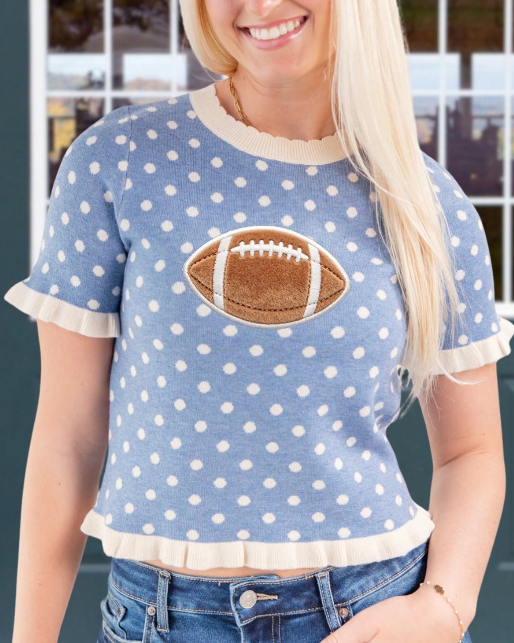 Football Polka Dot Ruffled Embroidered T-shirt