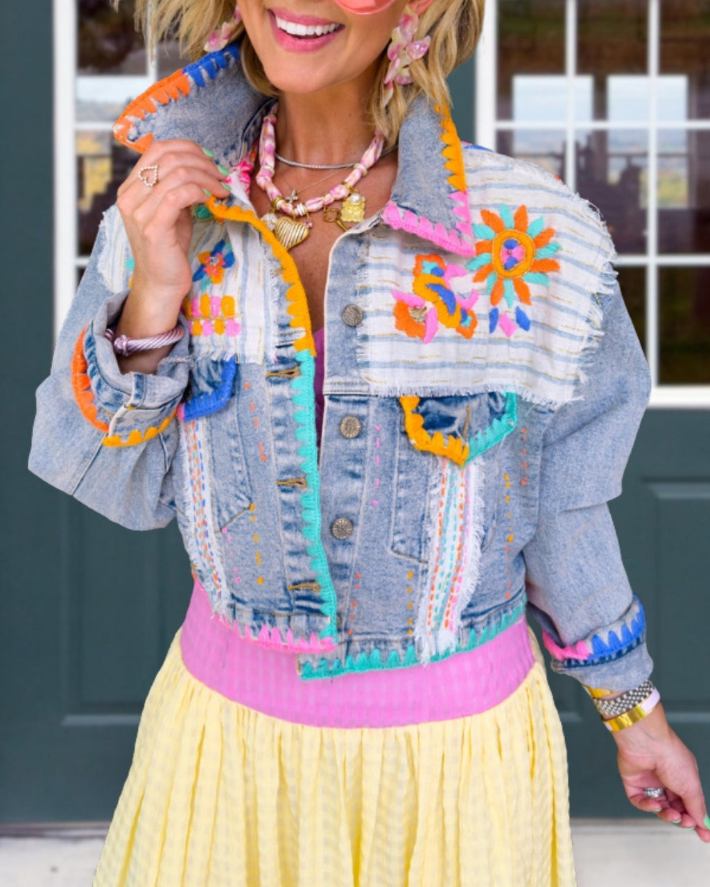 Colorful Trim Embroidered Denim Jacket