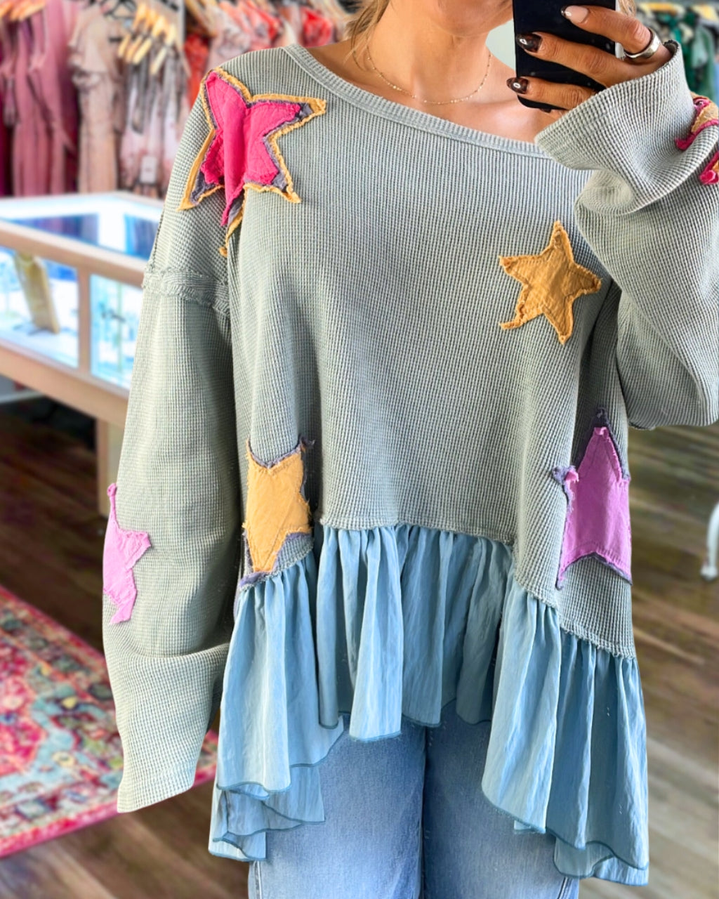 Casual Star Patchwork Waffle Top