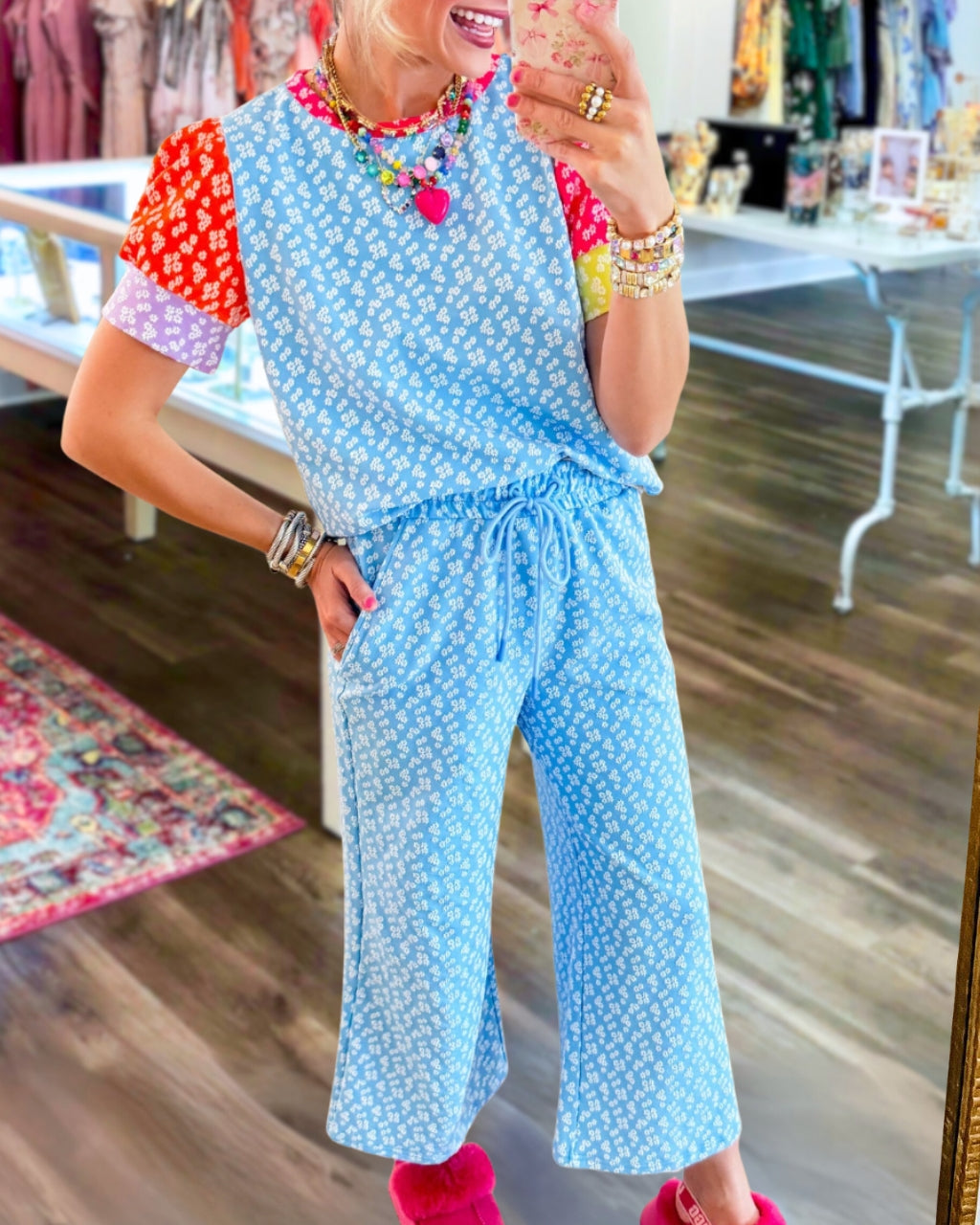 Color-blocked Sleeves Floral Set